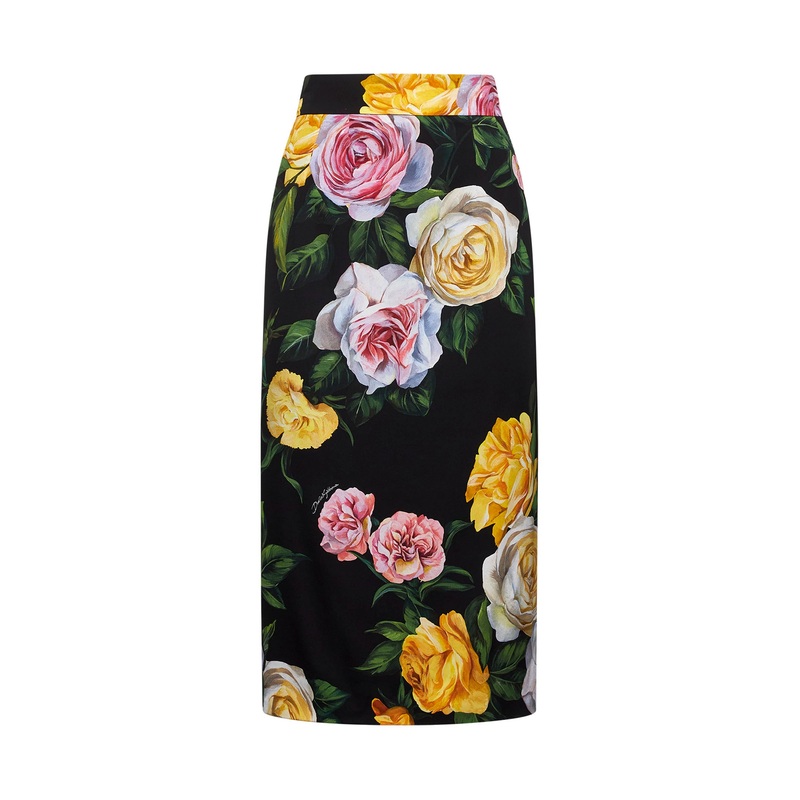 Peony and Rose print calf-lenght skirt