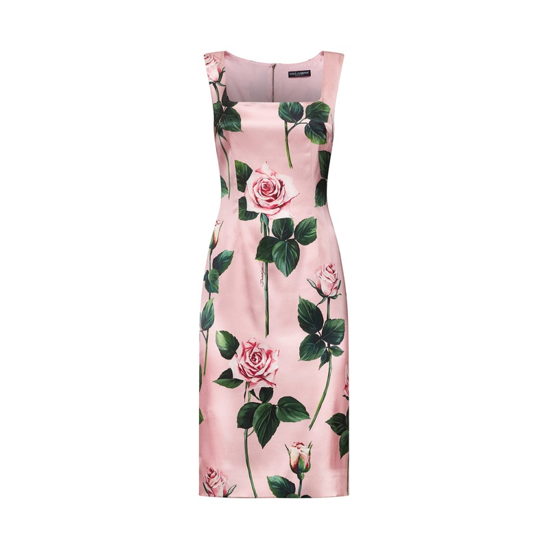 Pink Rose print satin sheath dress