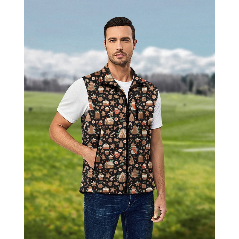 Men’s Black Christmas Candy House Lightweight Softshell Vest Sleeveless Jacket for Golf Windproof Waterproof