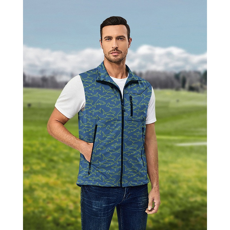 Men’s Blue Sharks Lightweight Softshell Vest Sleeveless Jacket for Golf