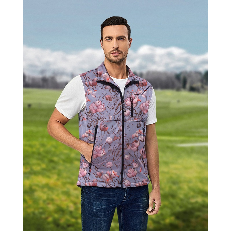 Men’s Cherry blossoms Lightweight Softshell Vest Sleeveless Jacket for Golf Windproof Waterproof