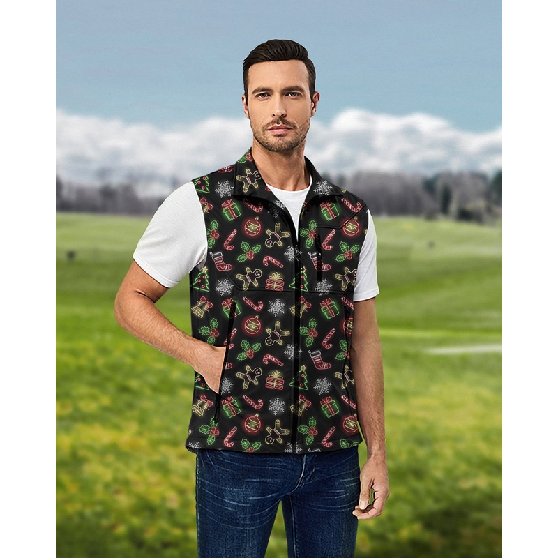 Men’s Christmas cartoon Lightweight Softshell Vest Sleeveless Jacket for Golf Windproof Waterproof