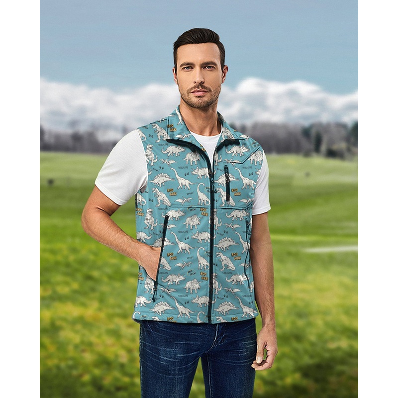 Men’s Dinosaurs rawr Lightweight Softshell Vest Sleeveless Jacket for Golf Windproof Waterproof