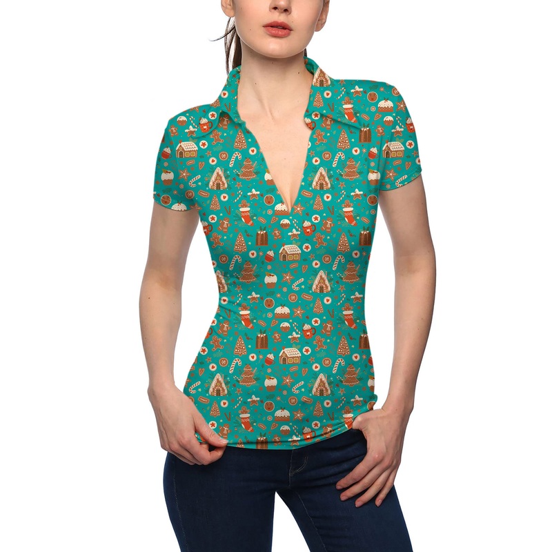 Women’s Green Christmas Candy House V Neck Golf Polo