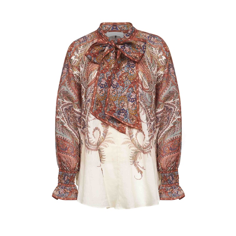 Cream Paisley ramie Rhiannon tie neck blouse