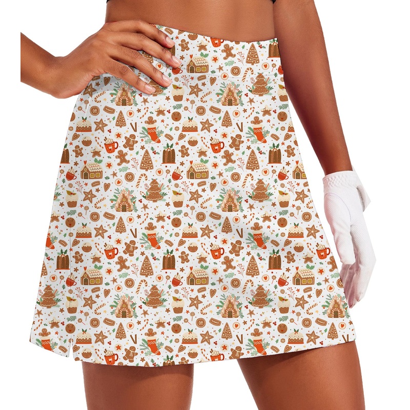 Women’s White Christmas Candy House Golf Skirts Inner Shorts Pocket