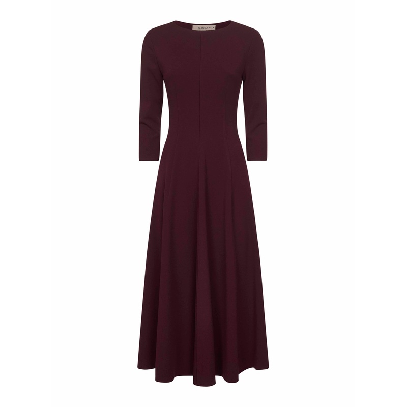 Burgundy stretch jersey Asia flared midi dress