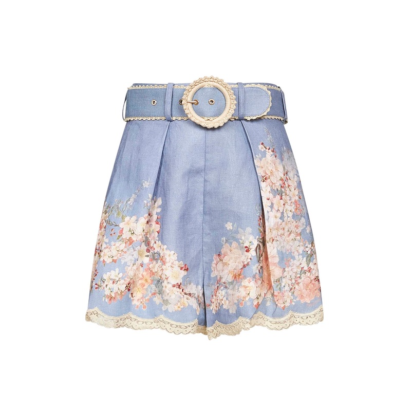 Teal blue Botanical Floral linen Cascadian shorts