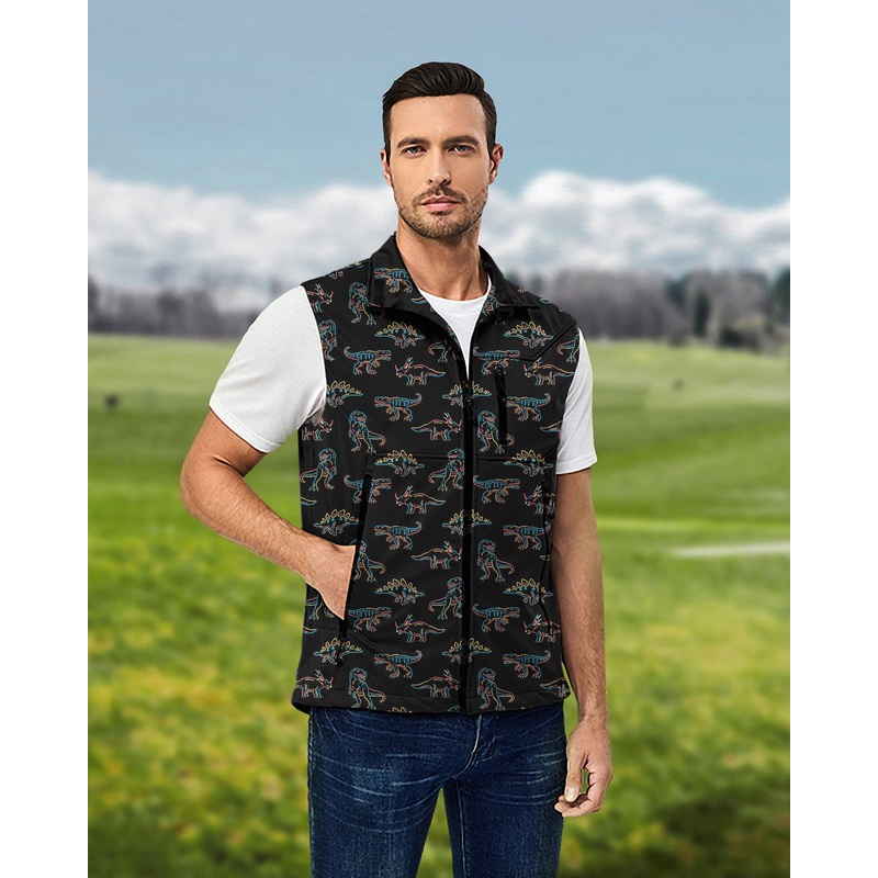 Men’s 2 Prehistoric times dinosaur Lightweight Softshell Vest Sleeveless Jacket for Golf Windproof Waterproof