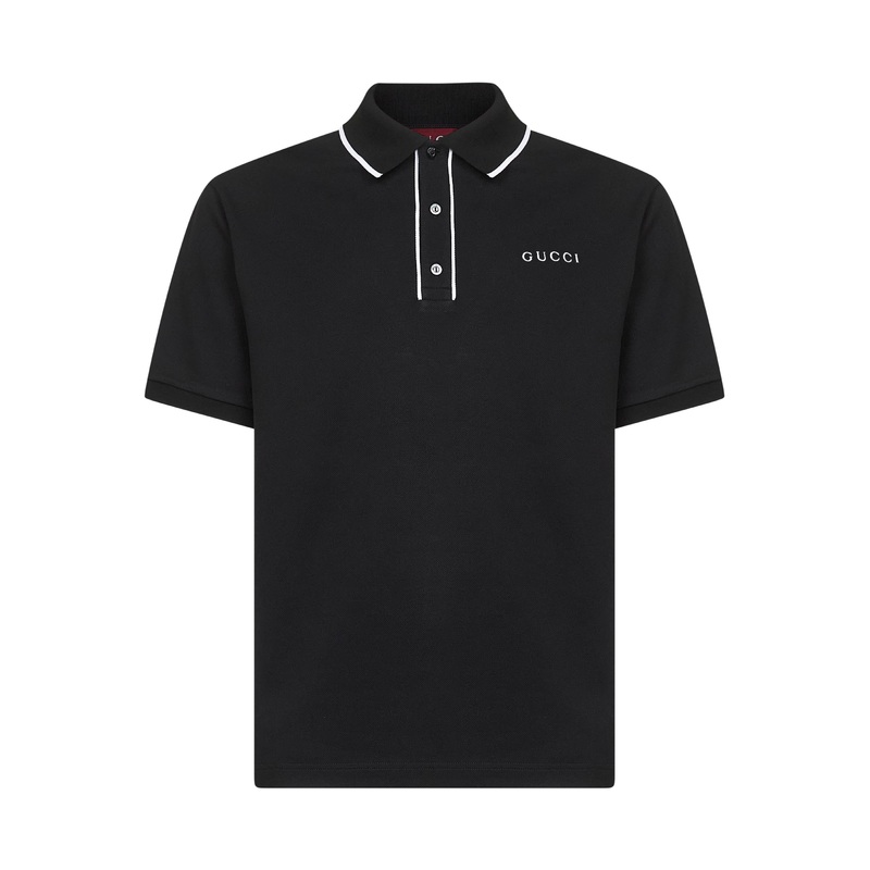 Black cotton piquet embroidered polo shirt