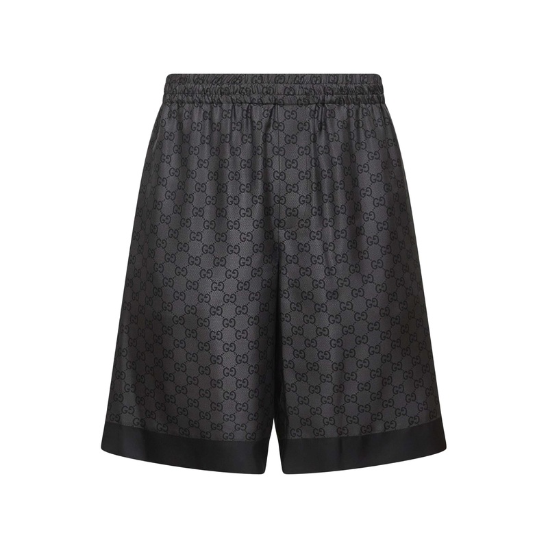 Black silk twill printed shorts