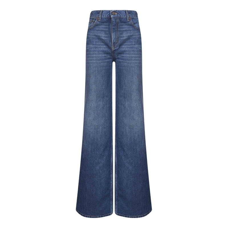 Blue denim high-waisted flare jeans