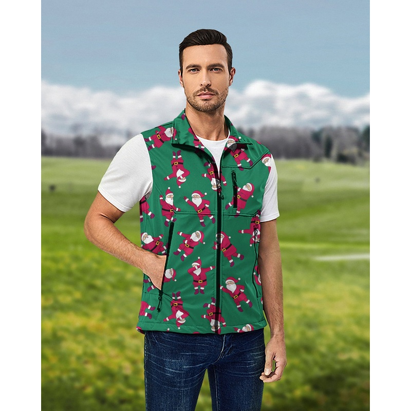 Men’s Christmas Santa Lightweight Softshell Vest Sleeveless Jacket for Golf Windproof Waterproof