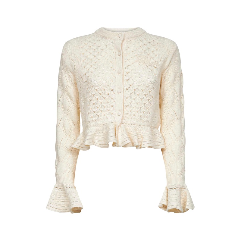Ivory knit ruffled logo cardigan
