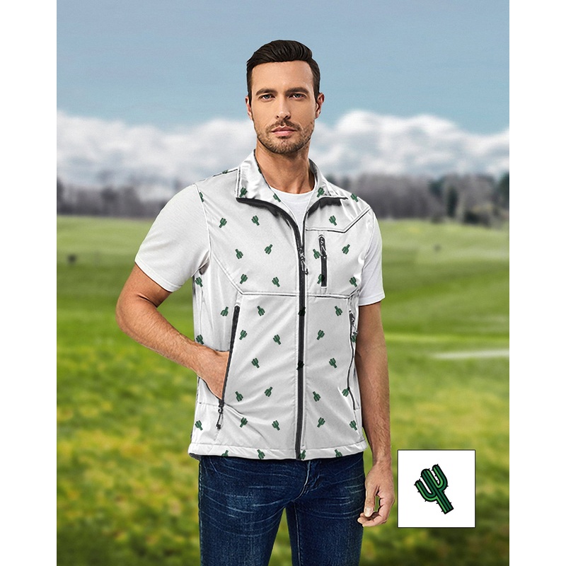 Men’s Cactus Custom The Background Color Lightweight Softshell Vest Sleeveless Jacket for Golf Windproof Waterproof