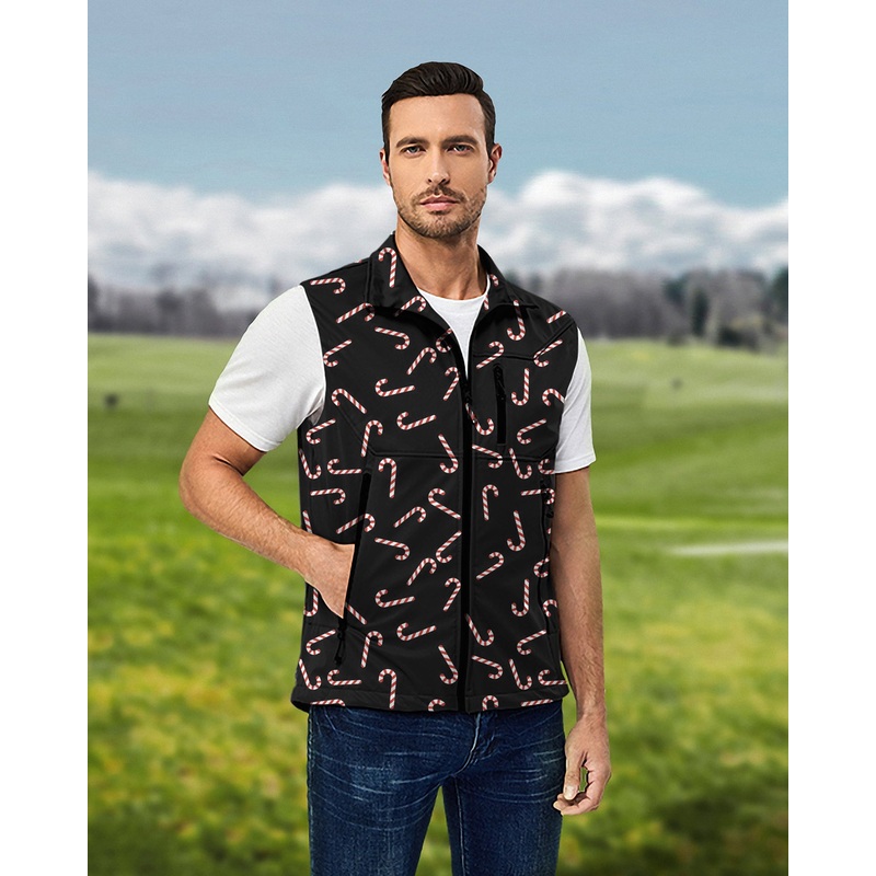 Men’s Candy Cane Lightweight Softshell Vest Sleeveless Jacket for Golf Windproof Waterproof