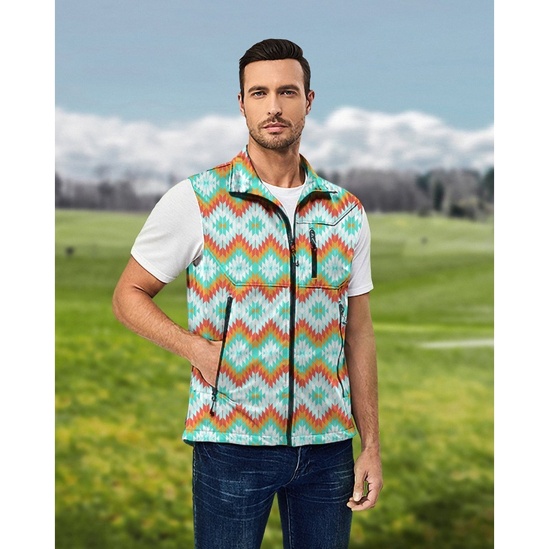 Men’s Aztec Summer Contrast Stitching Lightweight Softshell Vest Sleeveless Jacket for Golf Windproof Waterproof