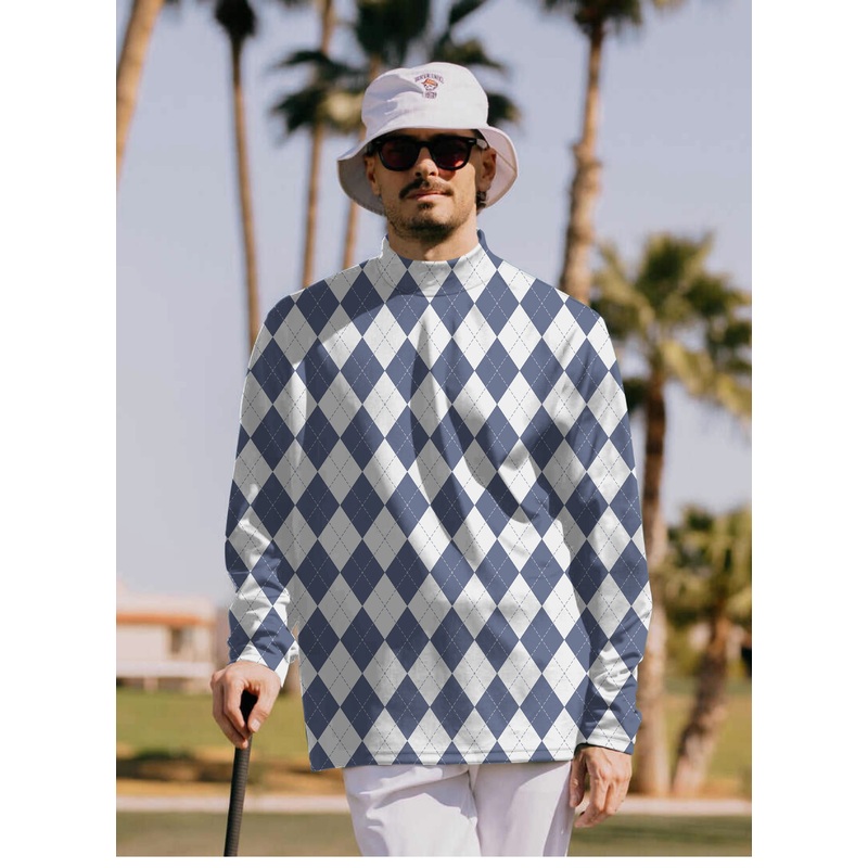 Men’s Blue diamond grid Pullover High neck Long/Short sleeve T-Shirt