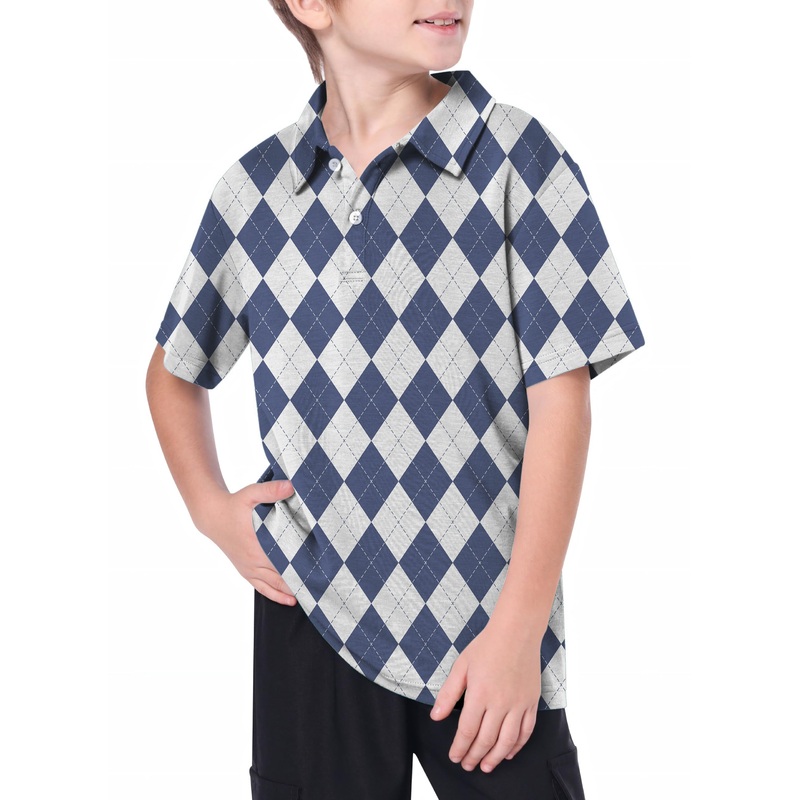 Youth Blue diamond grid Golf Polo