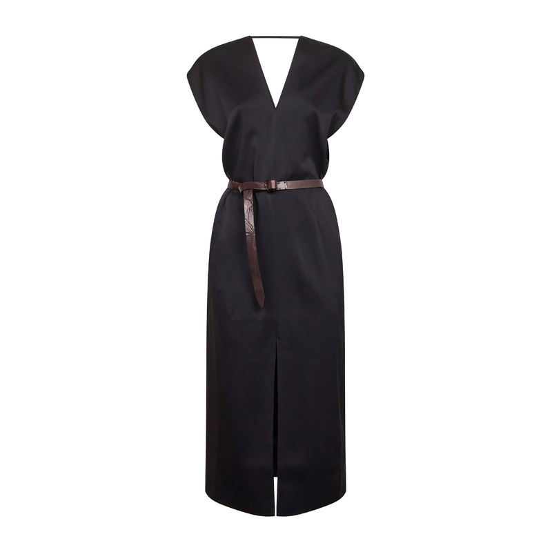 Black cady satin belted midi dress