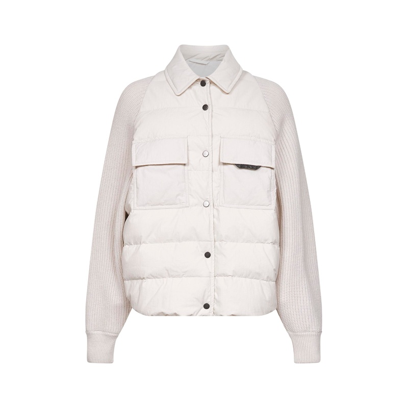 Ivory canvas and knit Shiny Flap Detail down jacket