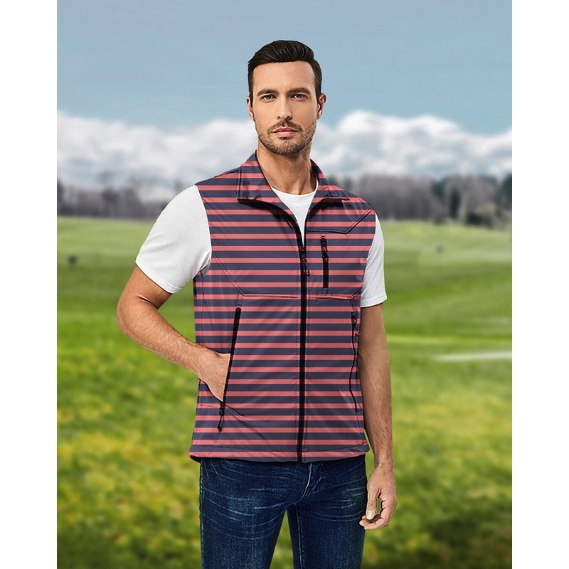 Men’s Navy Red Stripes Lightweight Softshell Vest Sleeveless Jacket for Golf Windproof Waterproof