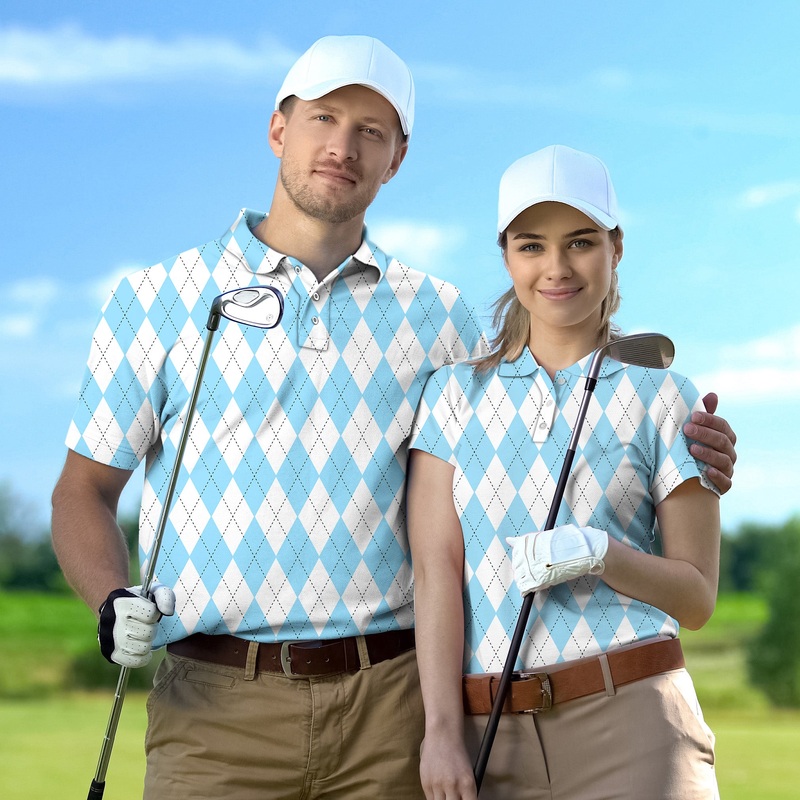 Argyle Golf Polo Couple Family set Blue diamond grid tournament
