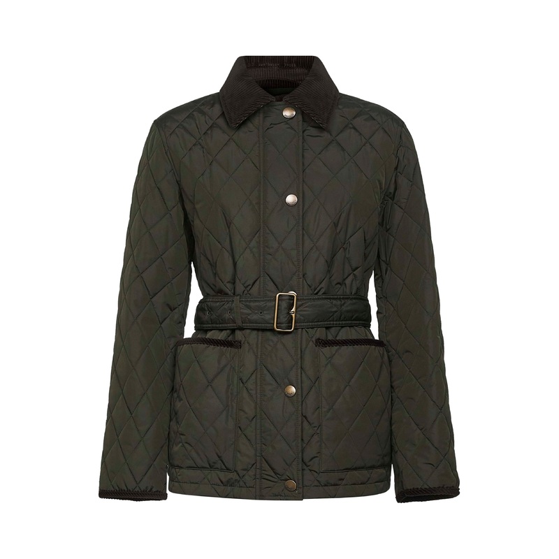 Green nylon belted quilted jacket
