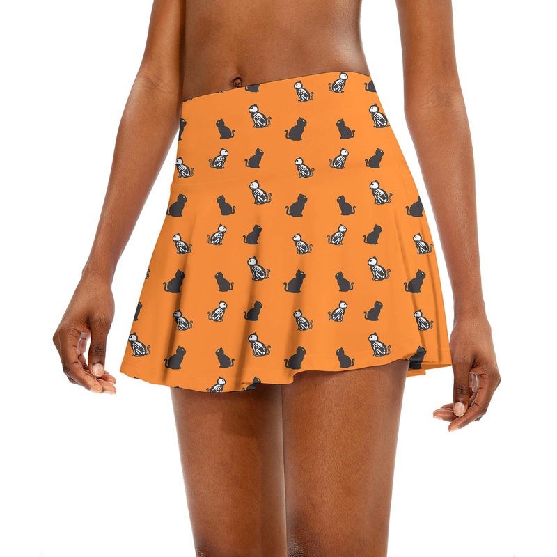 Halloween Skull Cat Custom The Background Color Women’s Athletic Golf Skorts Flared Skirts