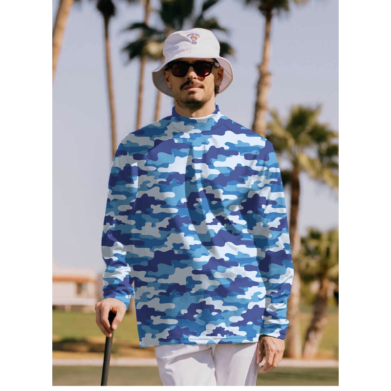 Men’s Blue Camo Pullover High neck Long/Short sleeve T-Shirt