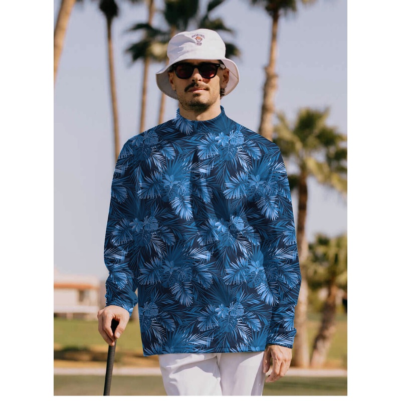 Men’s Blue Leaf Pullover High neck Long/Short sleeve T-Shirt