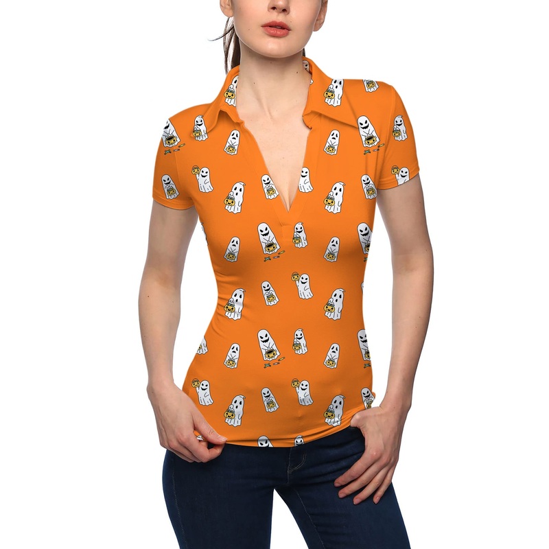 Women’s Halloween Ghost Pumpkin Basket Custom The Background Color V Neck Golf Polo