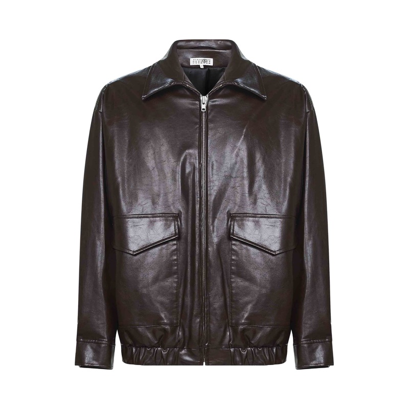 Burgundy faux leather bomber jacket