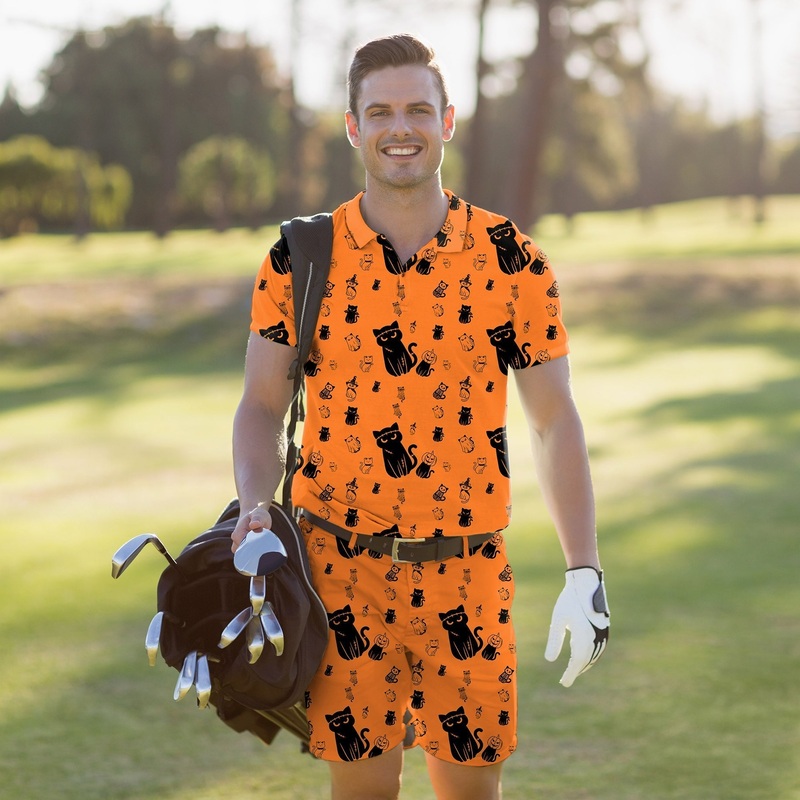 Men’s Golf Set Polo+Shorts Halloween Cute Cat Custom The Background Color