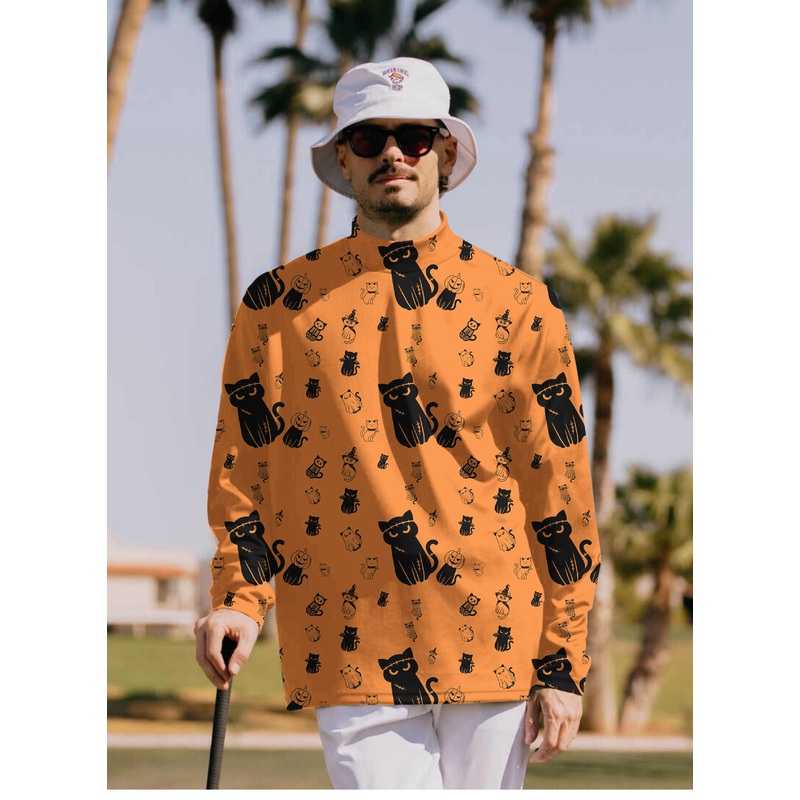 Men’s Halloween Cute Cat Custom The Background Color Pullover High neck Long/Short sleeve T-Shirt