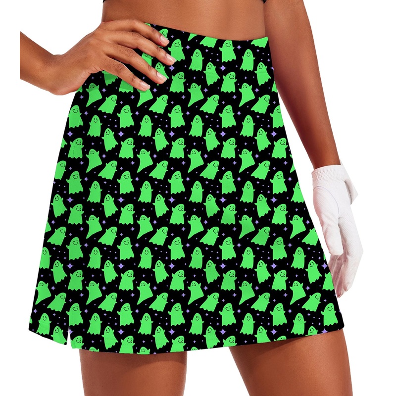 Halloween Women’s -Green Ghost Golf Skirts Inner Shorts Pocket