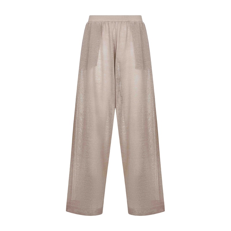 Beige silk and linen knit wide-leg trousers