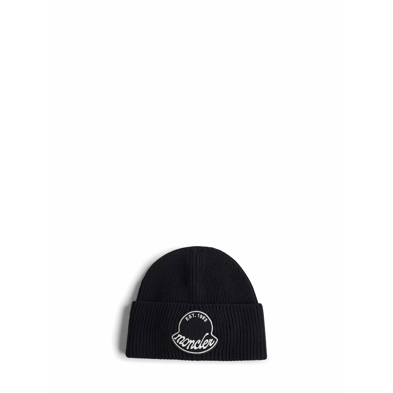 Black wool knit logo patch beanie