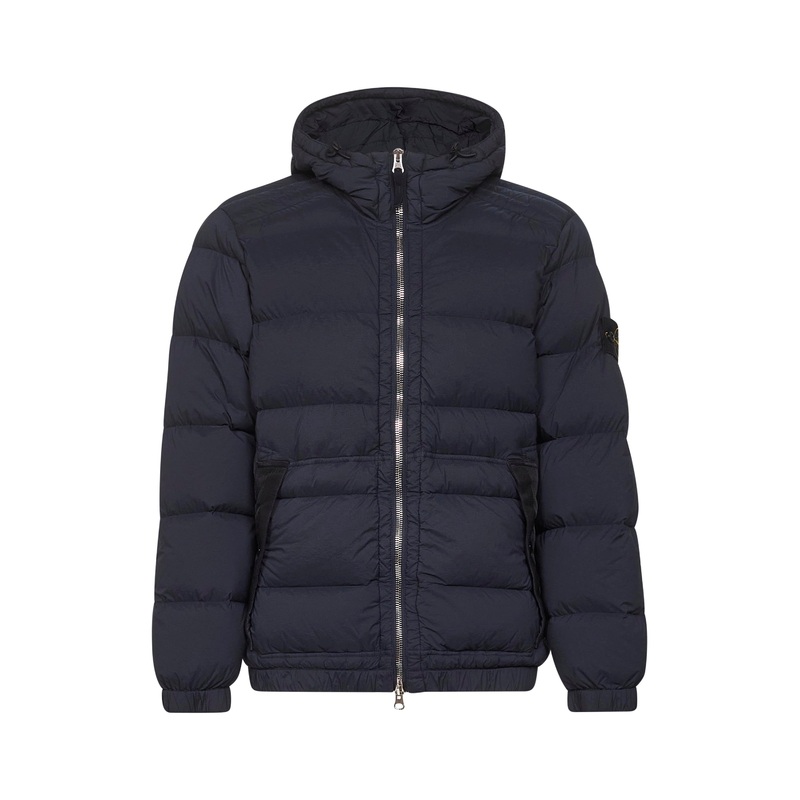 Blue stretch nylon hooded down jacket