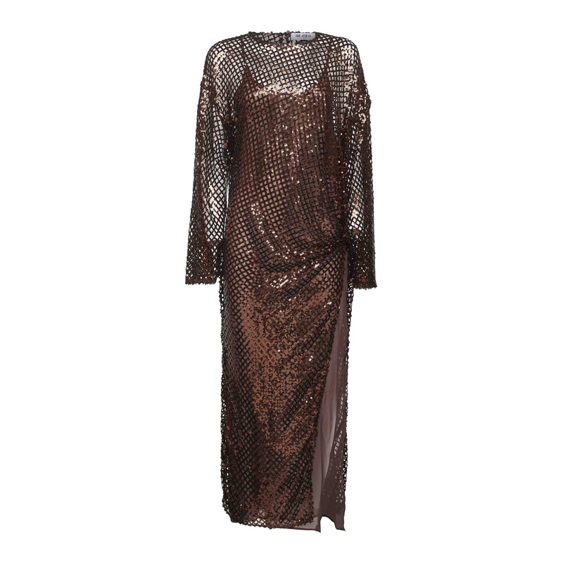 Brown sequin net knit midi dress