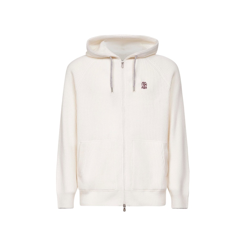 Ivory cashmere knit zip-up hoodie