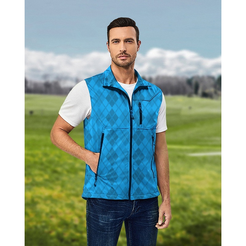Men’s Argyle Blue grid Lightweight Softshell Vest Sleeveless Jacket for Golf Windproof Waterproof