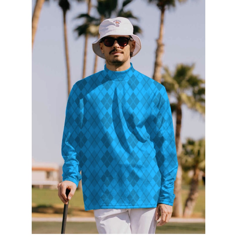 Men’s Argyle Blue grid Pullover High neck Long/Short sleeve T-Shirt