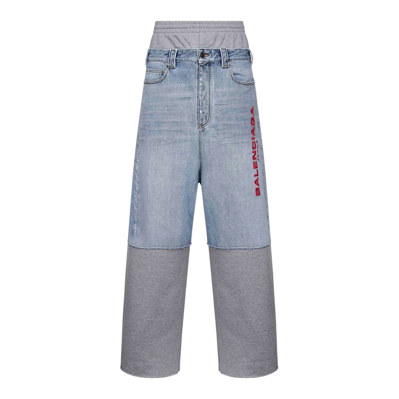 Light blue denim and grey fleece trousers