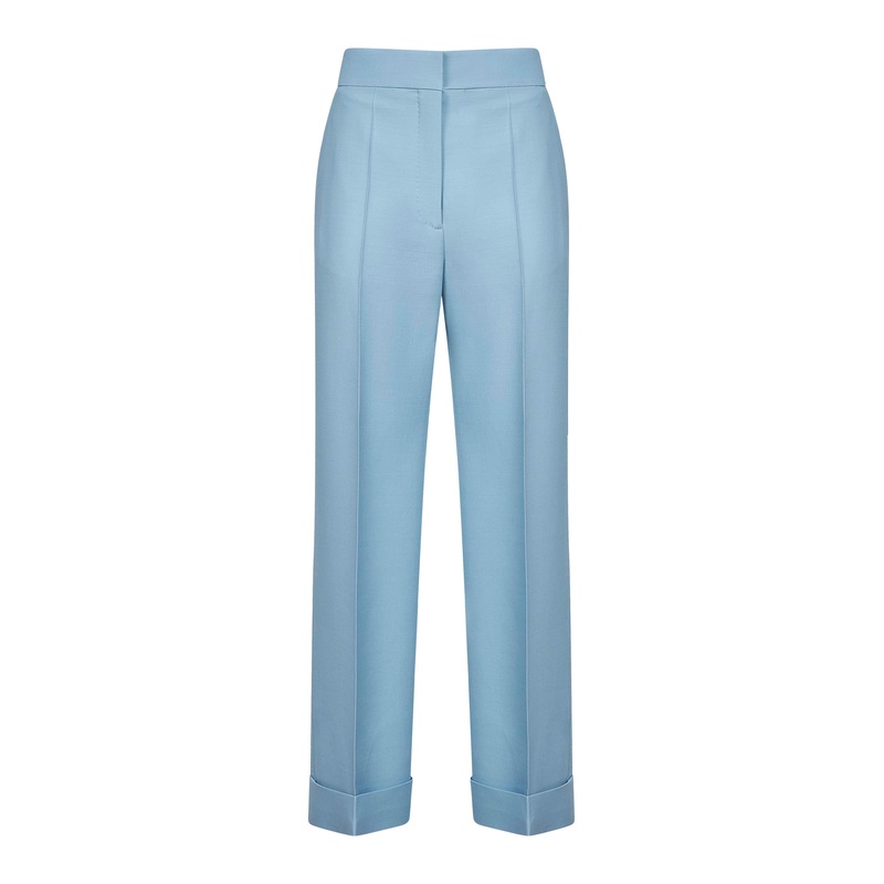 Light blue virgin wool and silk straight trousers