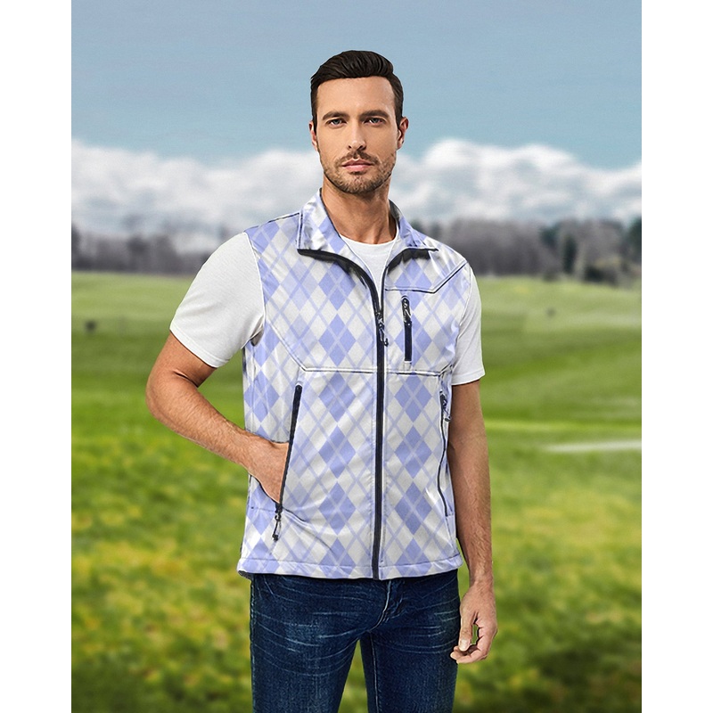 Men’s Argyle purple grid Lightweight Softshell Vest Sleeveless Jacket for Golf Windproof Waterproof