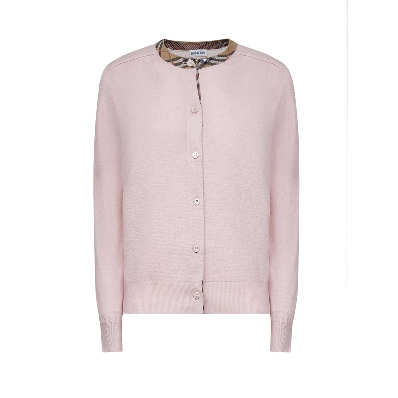 Pink wool Check trim cardigan|S|M|L