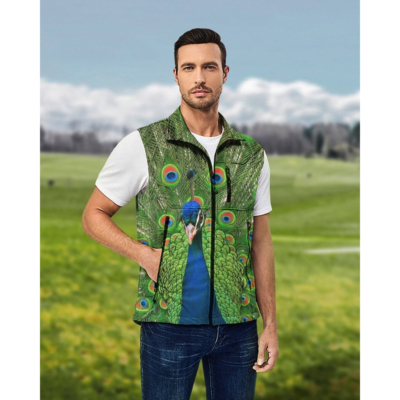 Men’s peacock flaunting its tail Lightweight Softshell Vest Sleeveless Jacket for Golf