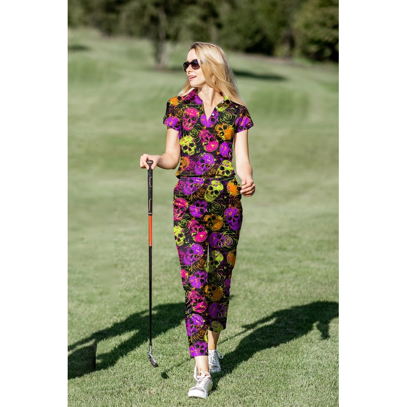 Women’s Golf Polo+Pants Set Halloween Colors Skull