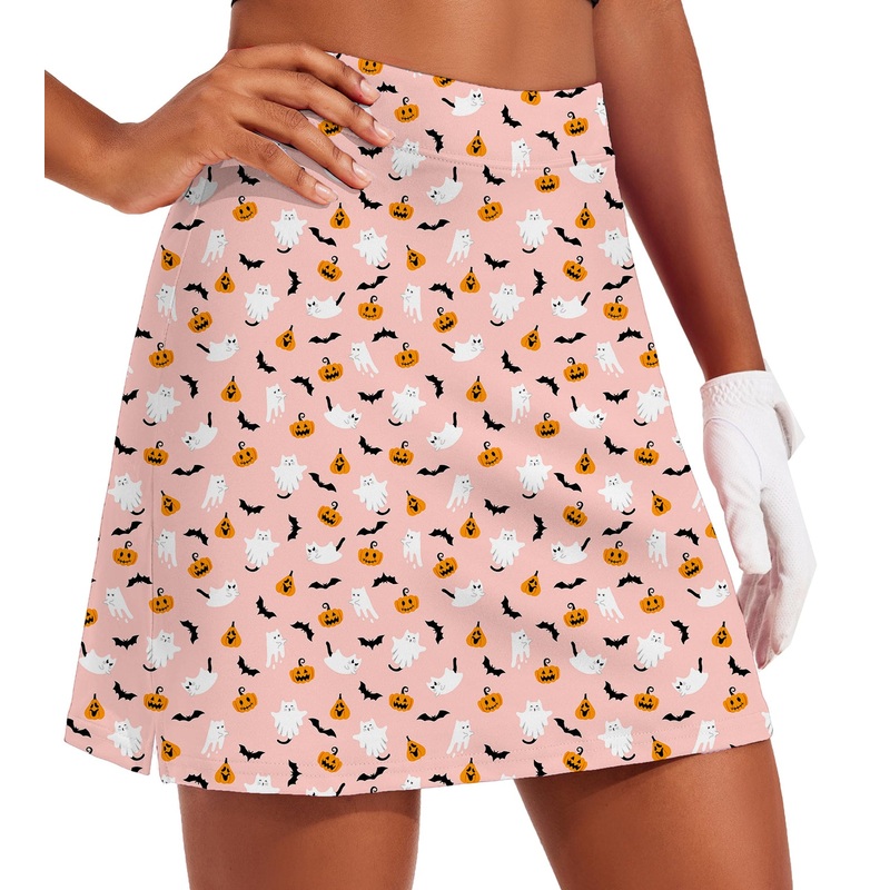 Women’s -Halloween Kawaii Ghost Pumpkin Golf Skirts Inner Shorts Pocket